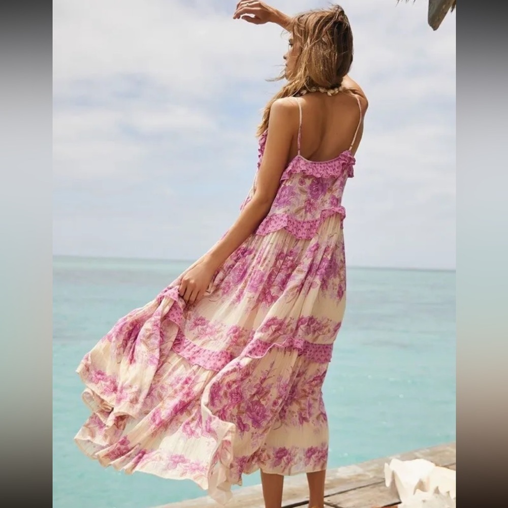 Pink Floral Romantic Gypsy Maxi Long Ruffle Dress - beautiful Spring Dress - Picture 6 of 6